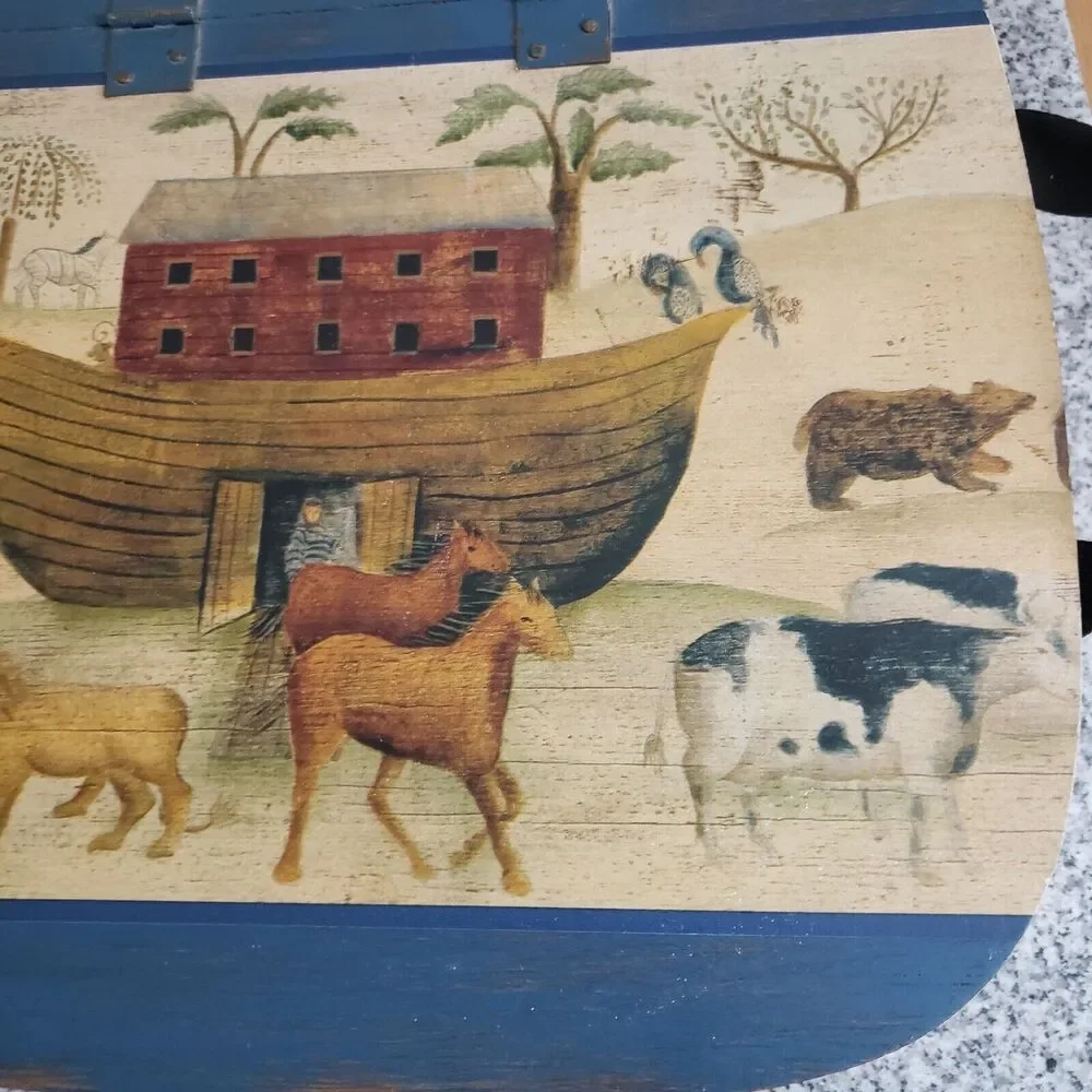 VTG Woven Wood Decoupage‎ Noah's Ark Lid w/Handles Hinge Top Home Décor Basket